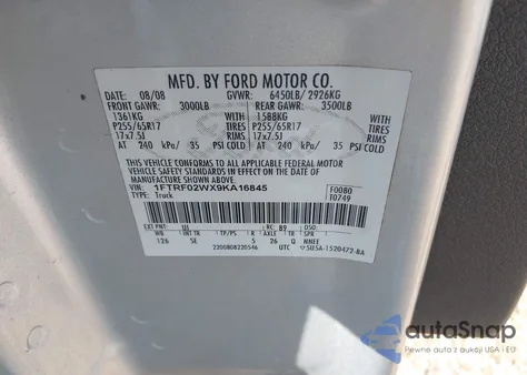 2009 Ford F-150 Stx/Xlt z USA, uszkodzony, nr VIN 1FTRF02WX9KA16845